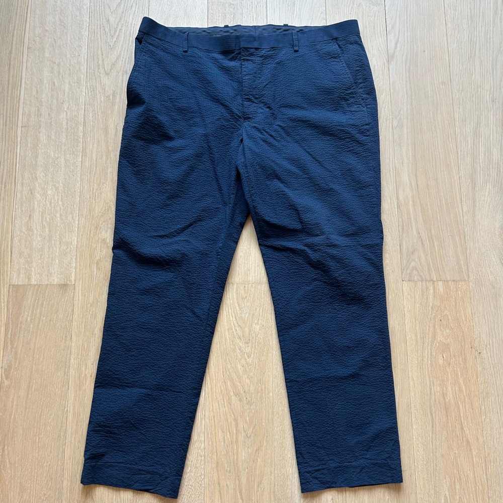 INC Seersucker Slim Fit Pants 38 Navy Blue Stretch Trousers Summer Office Airy